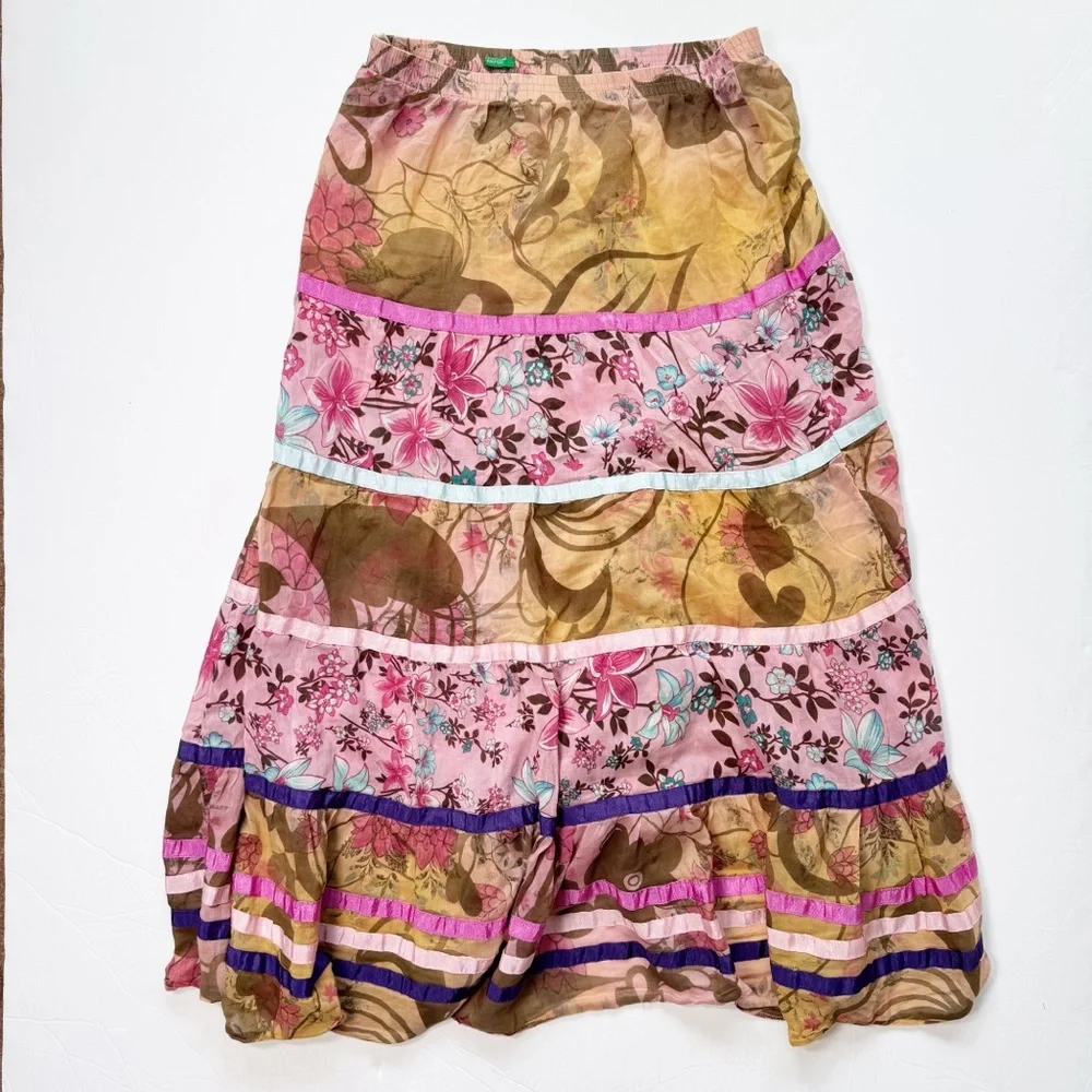 United Colors of Benetton Vintage Silk Tiered Print Skirt Lace‎ Size 42 US 6